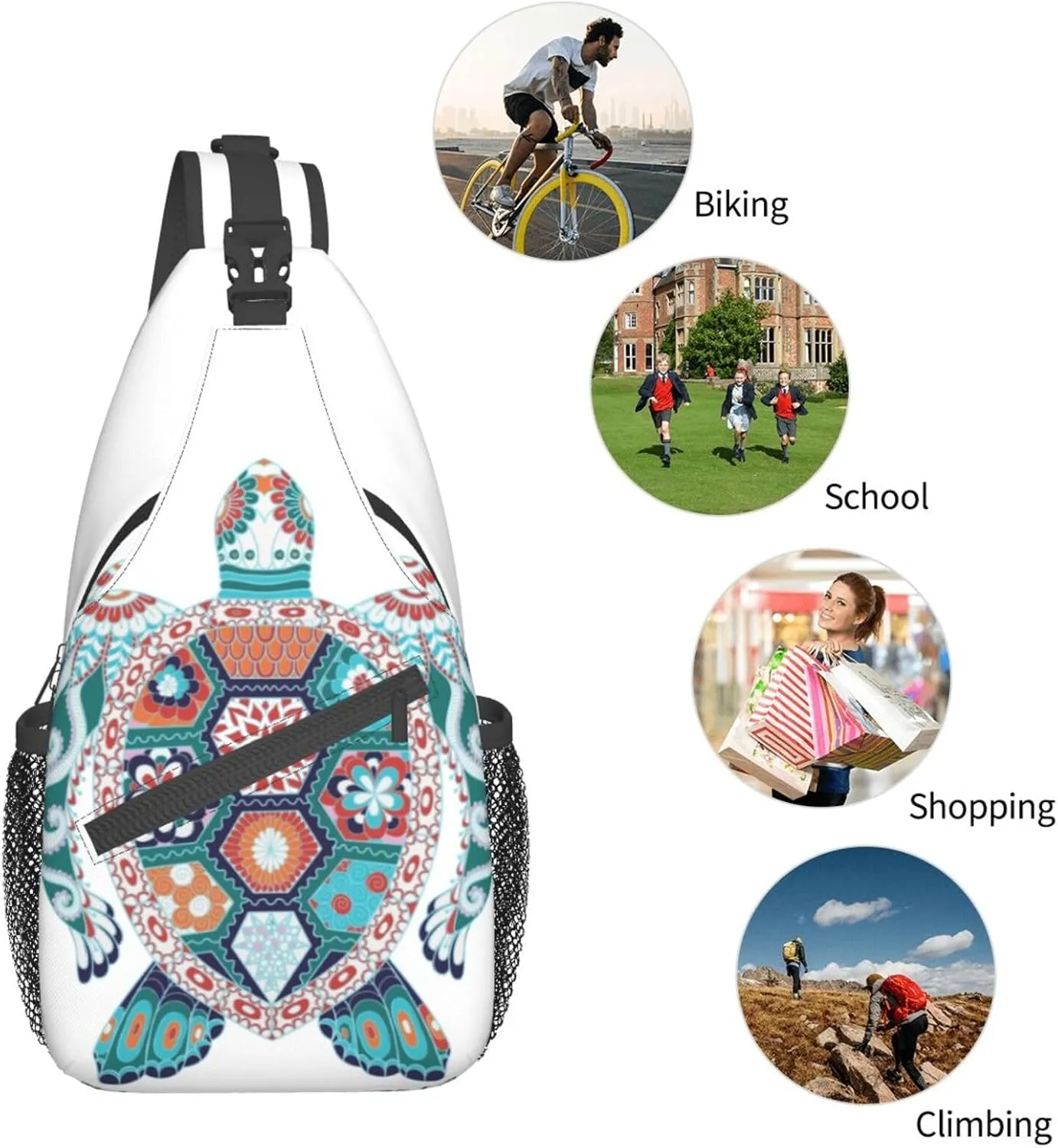 Colorful Turtle Mandala Tribal Sling Bag for Women Men Crossbody Sling Backpack Hiking Travel Daypack Shoulder Chest Bag with Adjustable Strap