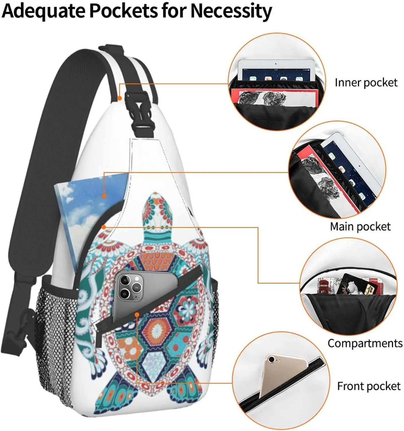 Colorful Turtle Mandala Tribal Sling Bag for Women Men Crossbody Sling Backpack Hiking Travel Daypack Shoulder Chest Bag with Adjustable Strap