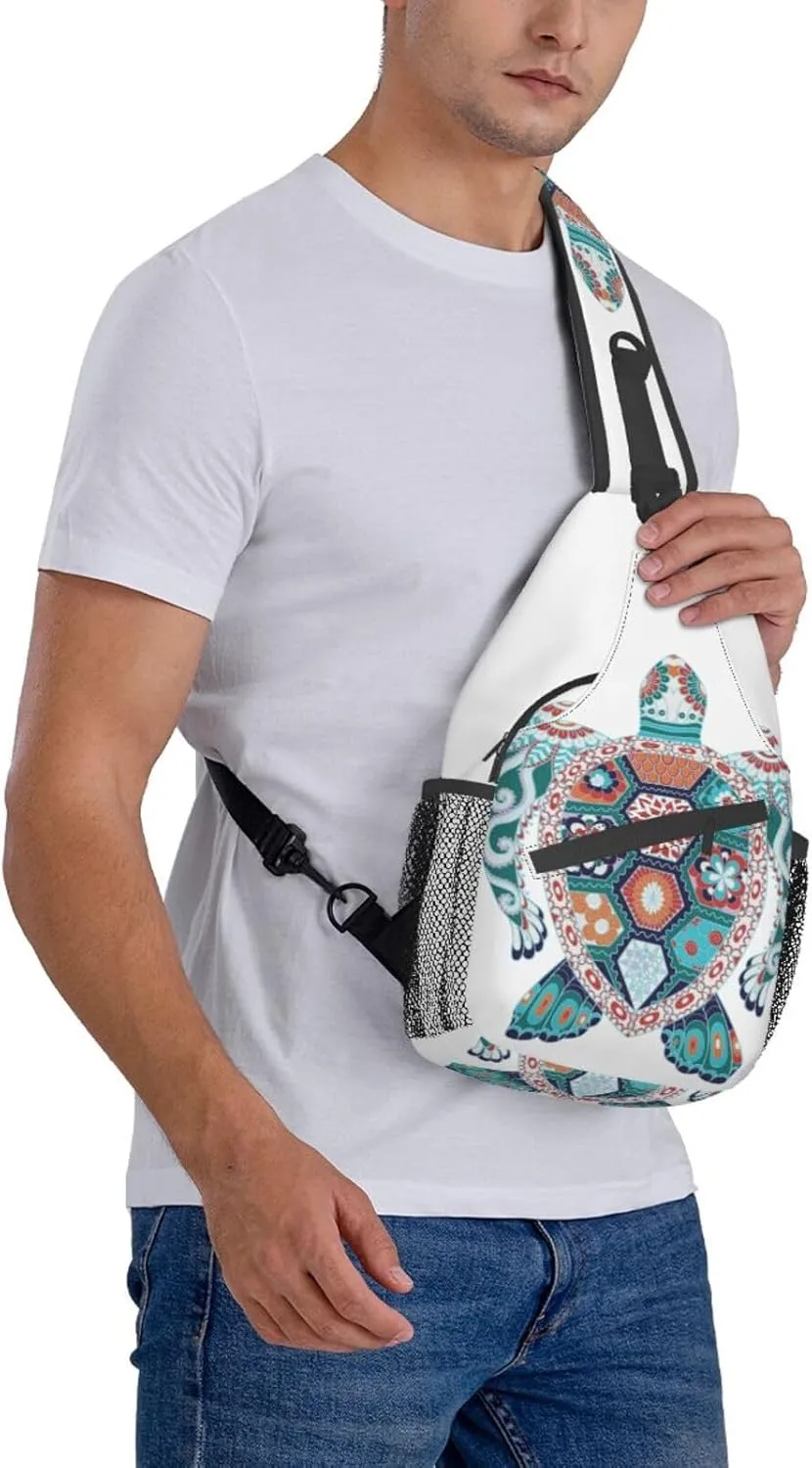Colorful Turtle Mandala Tribal Sling Bag for Women Men Crossbody Sling Backpack Hiking Travel Daypack Shoulder Chest Bag with Adjustable Strap