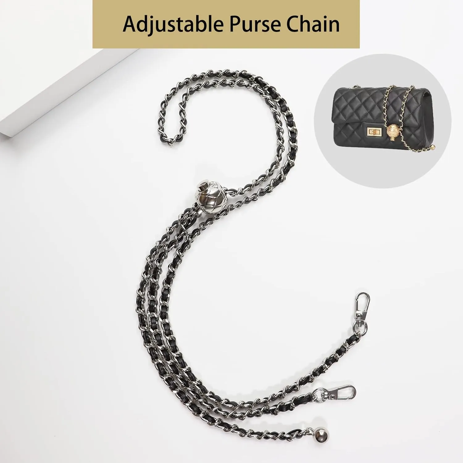 COLSEEY Purse Chain Strap Adjustable Replacement for Shoulder and Crossbody Bag,Thin Purse Strap 51 Inchs (Silver（Black Leather）)