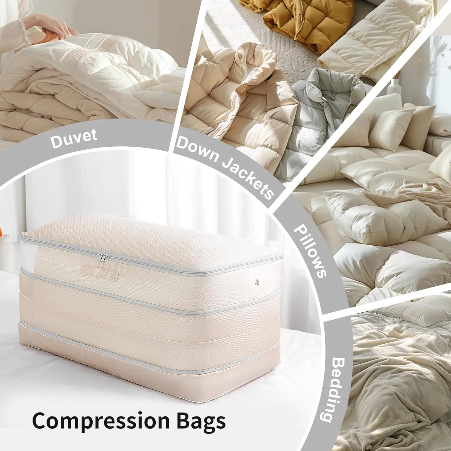 Comforter Storage Bag - Large Capacity Bedding Storage Bags Ultra Space Saving Self Compression Organizer, Washable Compression Bags for Storage Comforter Blanket Duvet Pillow, 2-Pack, Beige