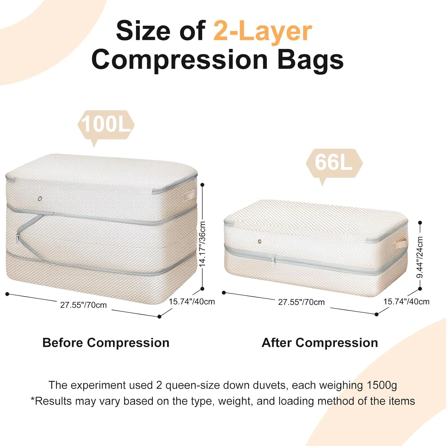 Comforter Storage Bag - Large Capacity Bedding Storage Bags Ultra Space Saving Self Compression Organizer, Washable Compression Bags for Storage Comforter Blanket Duvet Pillow, 2-Pack, Beige