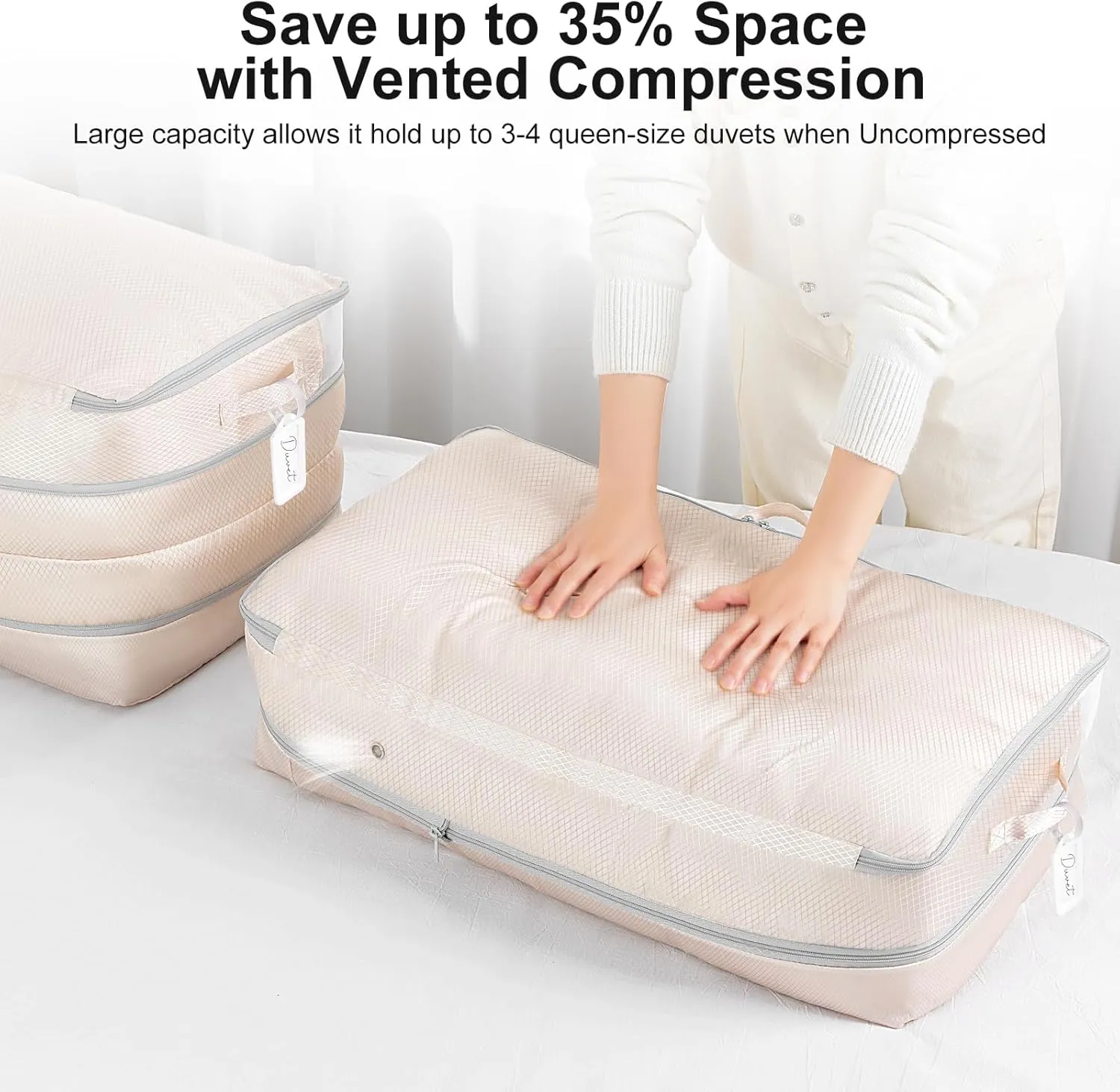 Comforter Storage Bag - Large Capacity Bedding Storage Bags Ultra Space Saving Self Compression Organizer, Washable Compression Bags for Storage Comforter Blanket Duvet Pillow, 2-Pack, Beige