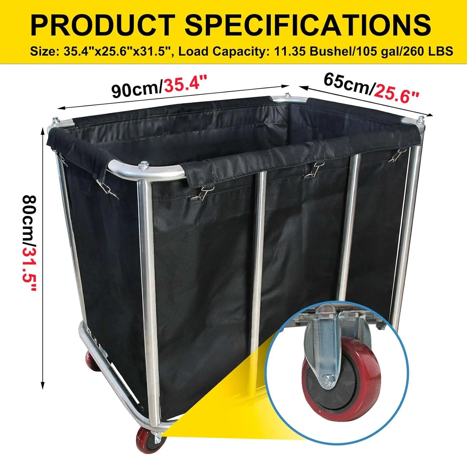 Commercial Large Stainless Steel Laundry Trolley Cart with Wheels - Heavy Duty Rolling Laundry Cart for Industrial/Home，10 Bushel,35.4" Lx25.6 Wx31.5 H (Black)