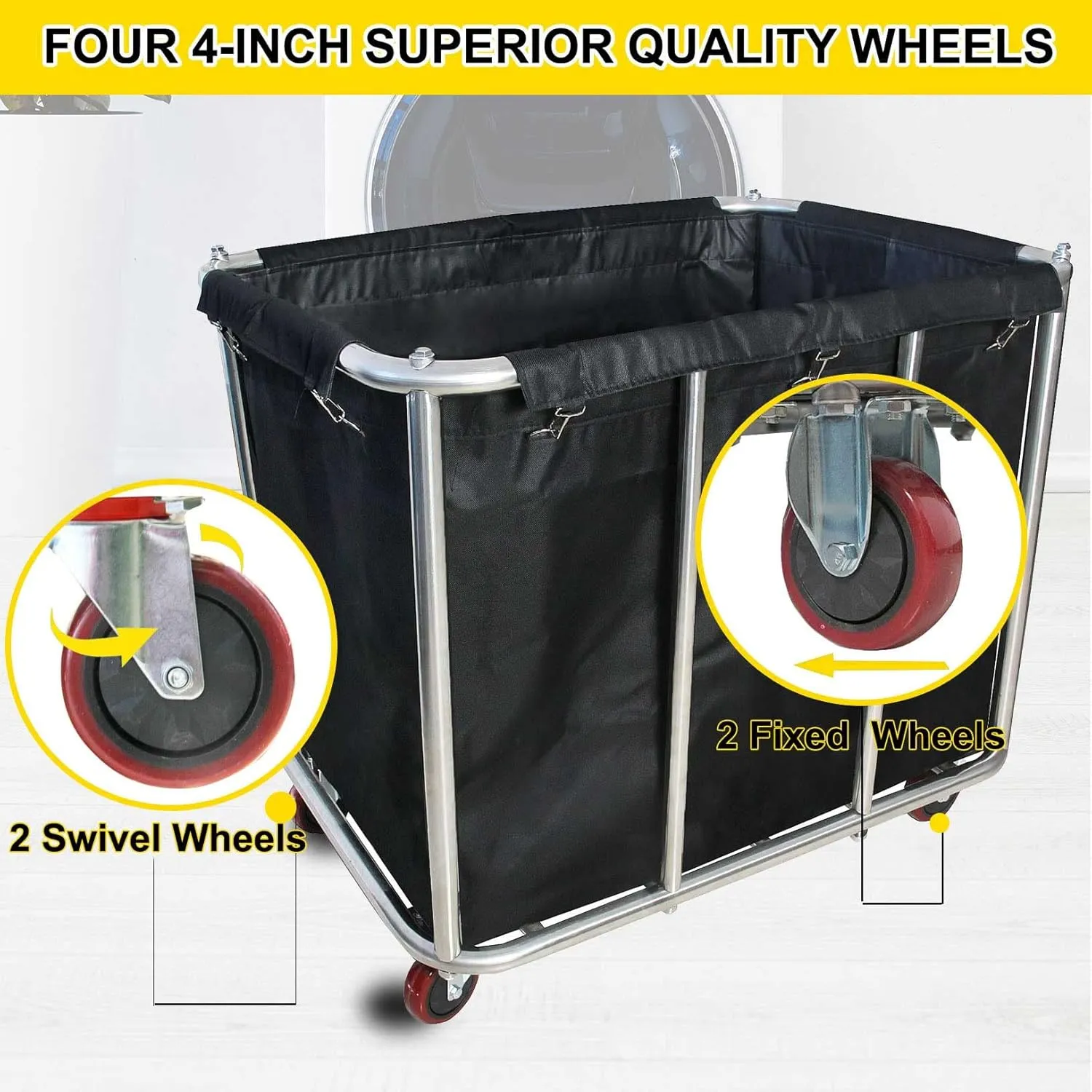 Commercial Large Stainless Steel Laundry Trolley Cart with Wheels - Heavy Duty Rolling Laundry Cart for Industrial/Home，10 Bushel,35.4" Lx25.6 Wx31.5 H (Black)