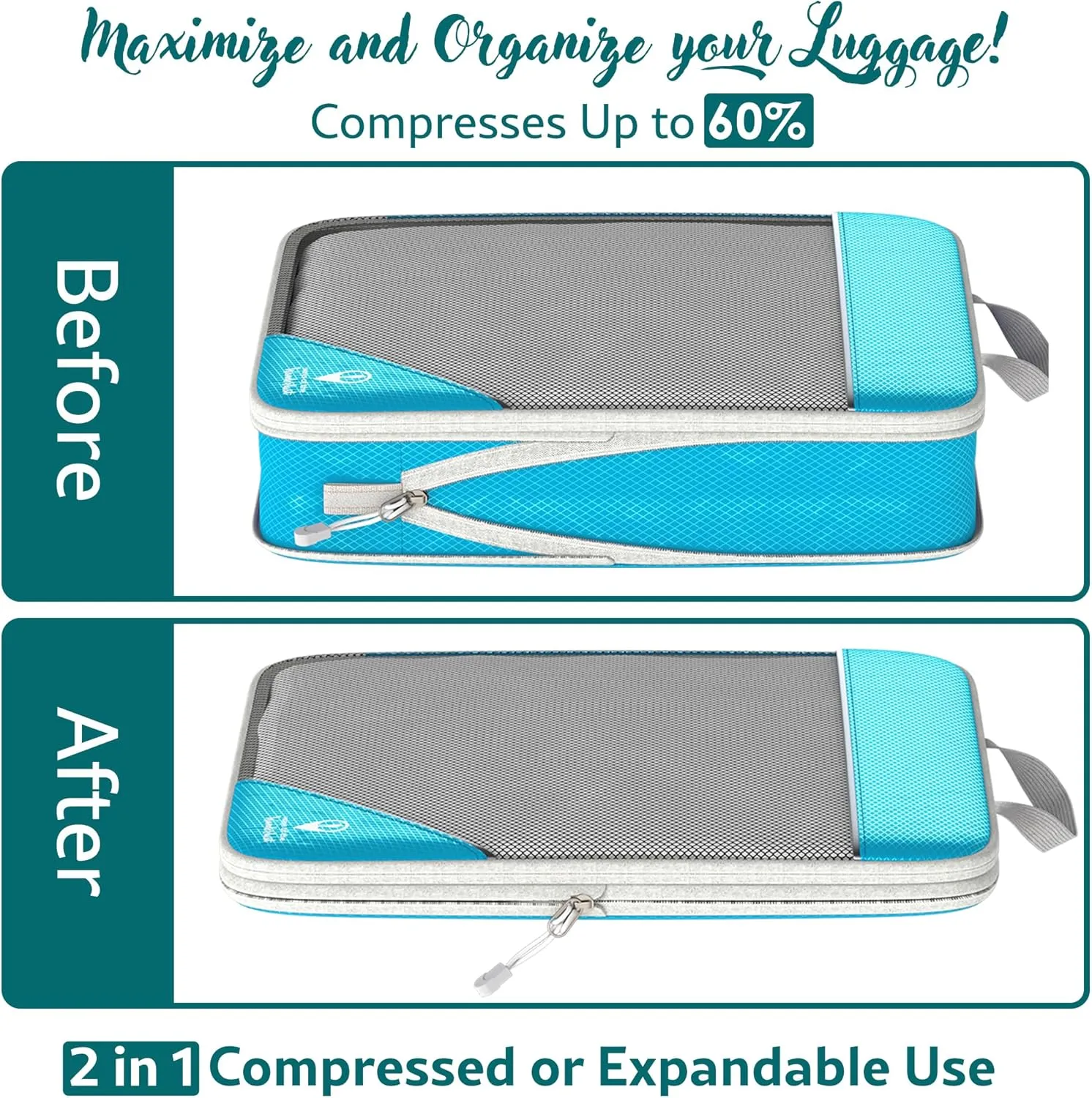 Compression Packing Cubes for Travel w/Shoe Bag (6 Piece Set) - Expandable Travel Compression Bags for Packing - Suitcases, Backpack & Luggage Compression Cubes (Aqua)
