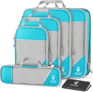 Compression Packing Cubes for Travel w/Shoe Bag (6 Piece Set) - Expandable Travel Compression Bags for Packing - Suitcases, Backpack & Luggage Compression Cubes (Aqua)