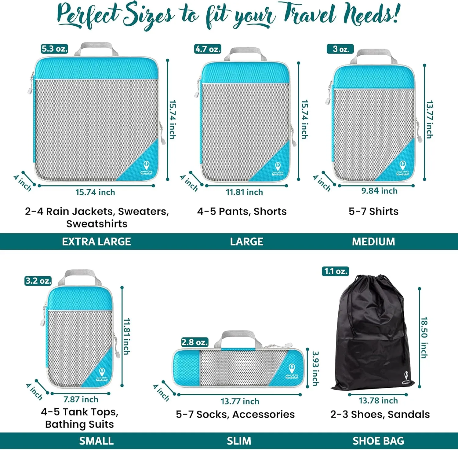 Compression Packing Cubes for Travel w/Shoe Bag (6 Piece Set) - Expandable Travel Compression Bags for Packing - Suitcases, Backpack & Luggage Compression Cubes (Aqua)