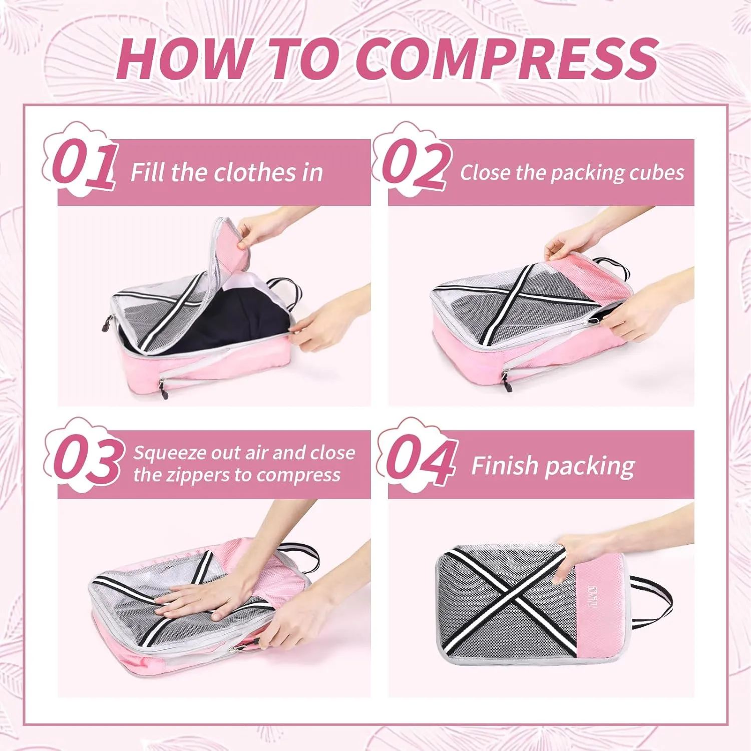 Compression Packing Cubes Suitcases Organizer: 2/4/6 Sets Travel Storage Bags for Luggage - Travel Essentials for Space Saver Pink