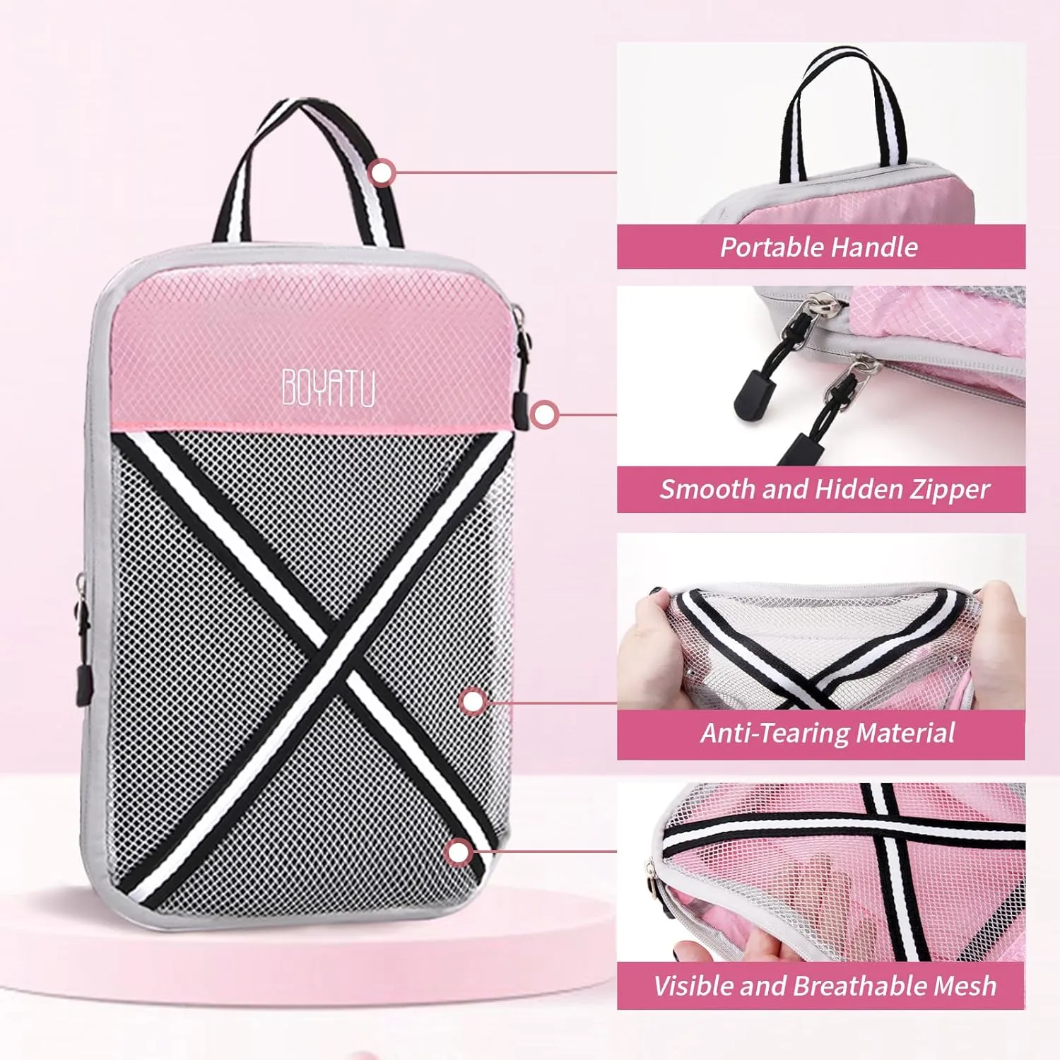 Compression Packing Cubes Suitcases Organizer: 2/4/6 Sets Travel Storage Bags for Luggage - Travel Essentials for Space Saver Pink