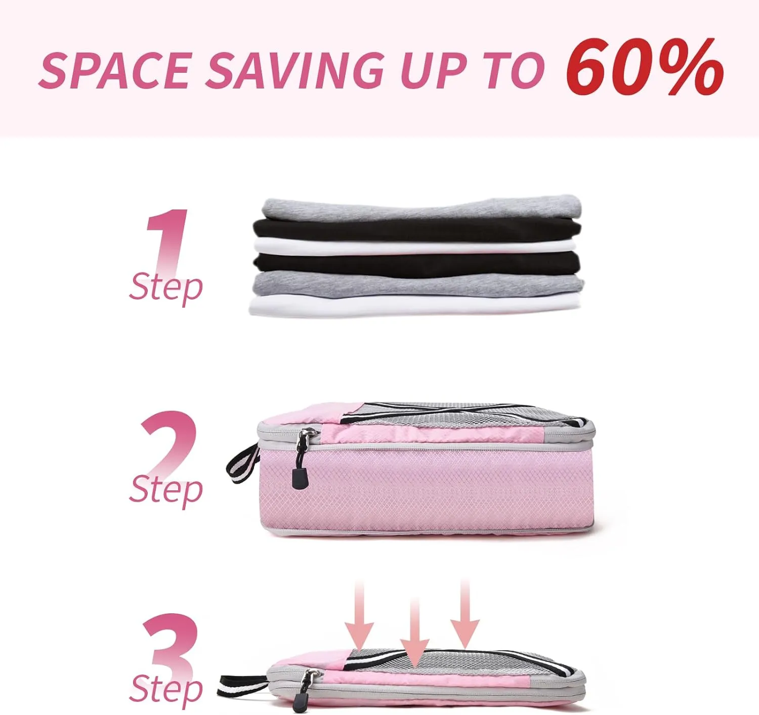 Compression Packing Cubes Suitcases Organizer: 2/4/6 Sets Travel Storage Bags for Luggage - Travel Essentials for Space Saver Pink
