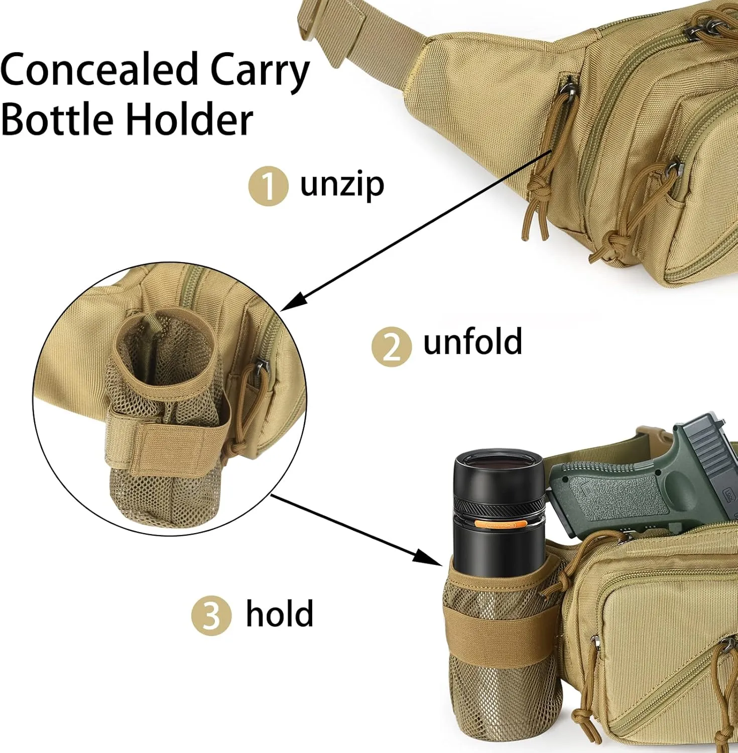 Concealed Carry Pistol Waist bag Tactical Conceal Carry Pistol Bag Fanny Packs Handgun Holster Pouch with Bottle&Gun Holder Fits 1911 Glock etc