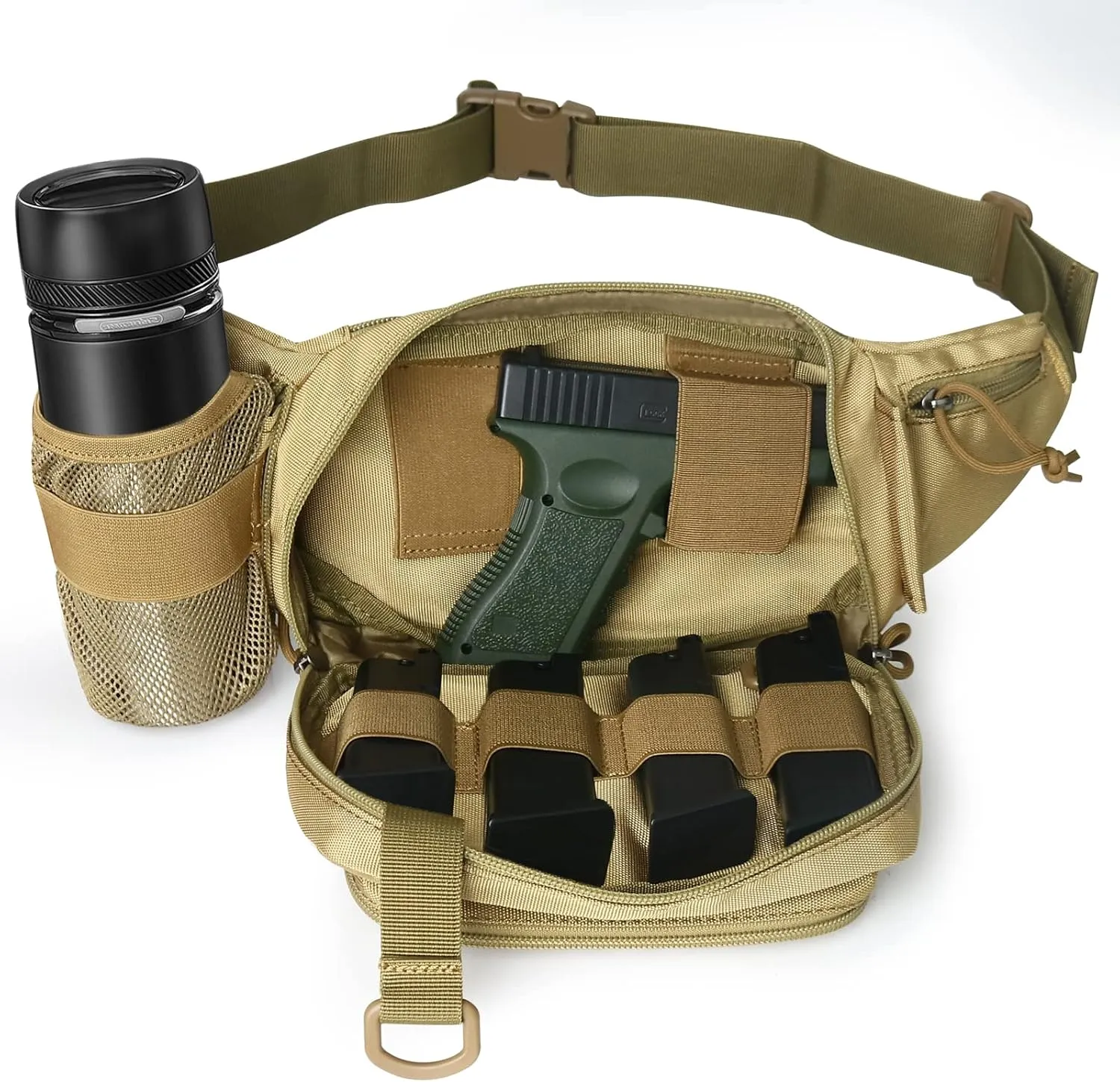 Concealed Carry Pistol Waist bag Tactical Conceal Carry Pistol Bag Fanny Packs Handgun Holster Pouch with Bottle&Gun Holder Fits 1911 Glock etc