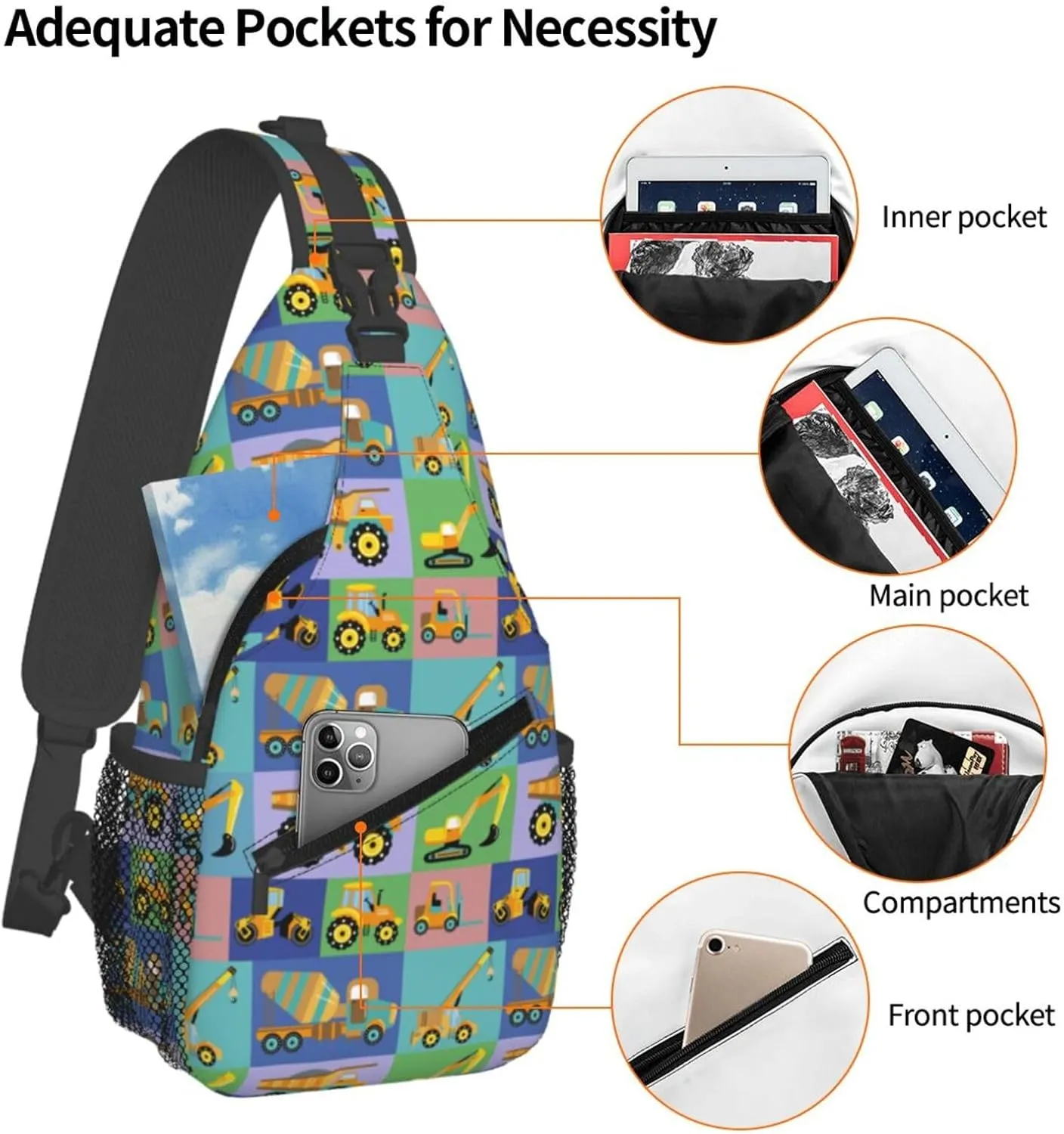 Construction Machinery Chest Sling Bag Crossbody Shoulder Backpack Bag Gym Cycling Daypack Travel Hiking Cross Bag