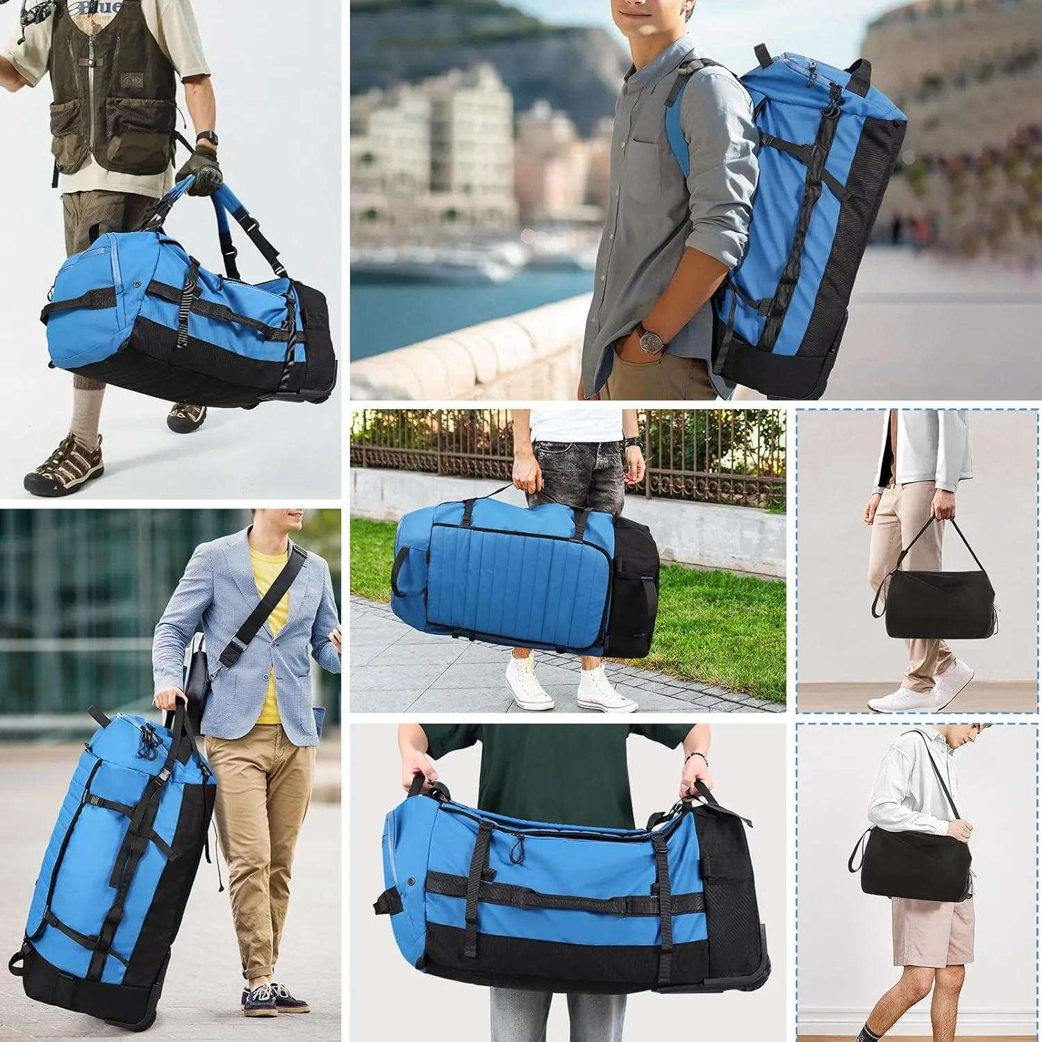 CONTAIL 86L Foldable Wheeled Duffel Backpack with Padded Quilted Bottom, Waterproof Collapsible Travel Duffle Bag with Extended Web Handles,No Telescope Handle,Blue
