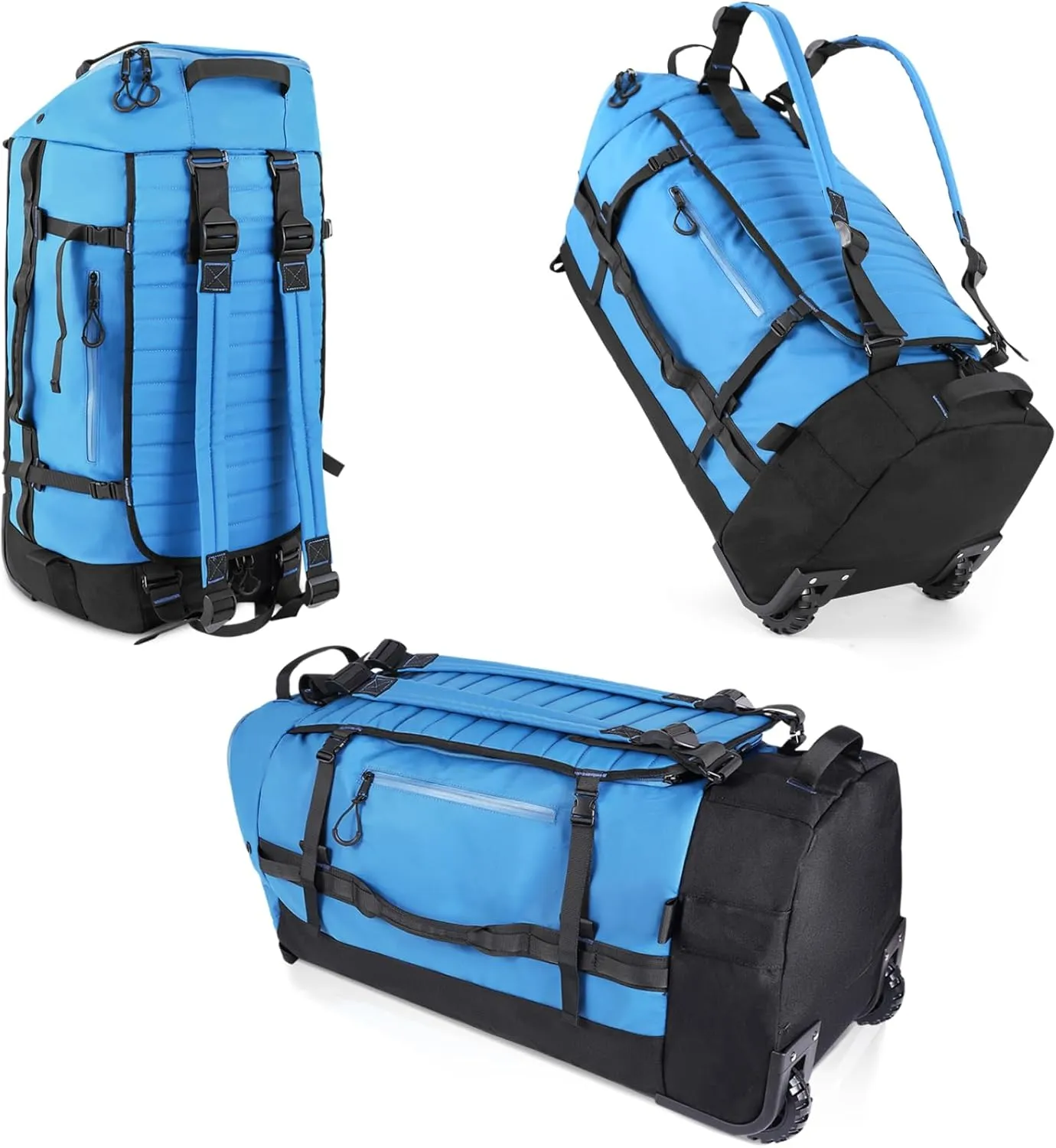 CONTAIL 86L Foldable Wheeled Duffel Backpack with Padded Quilted Bottom, Waterproof Collapsible Travel Duffle Bag with Extended Web Handles,No Telescope Handle,Blue