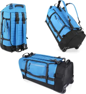 CONTAIL 86L Foldable Wheeled Duffel Backpack with Padded Quilted Bottom, Waterproof Collapsible Travel Duffle Bag with Extended Web Handles,No Telescope Handle,Blue