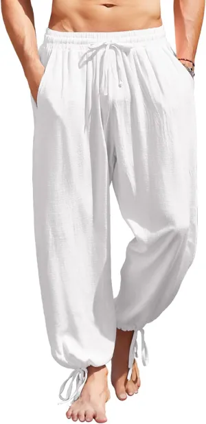 COOFANDY Men's Cotton Linen Pants Casual Harem Pants Elastic Waist Beach Boho Yoga Trousers