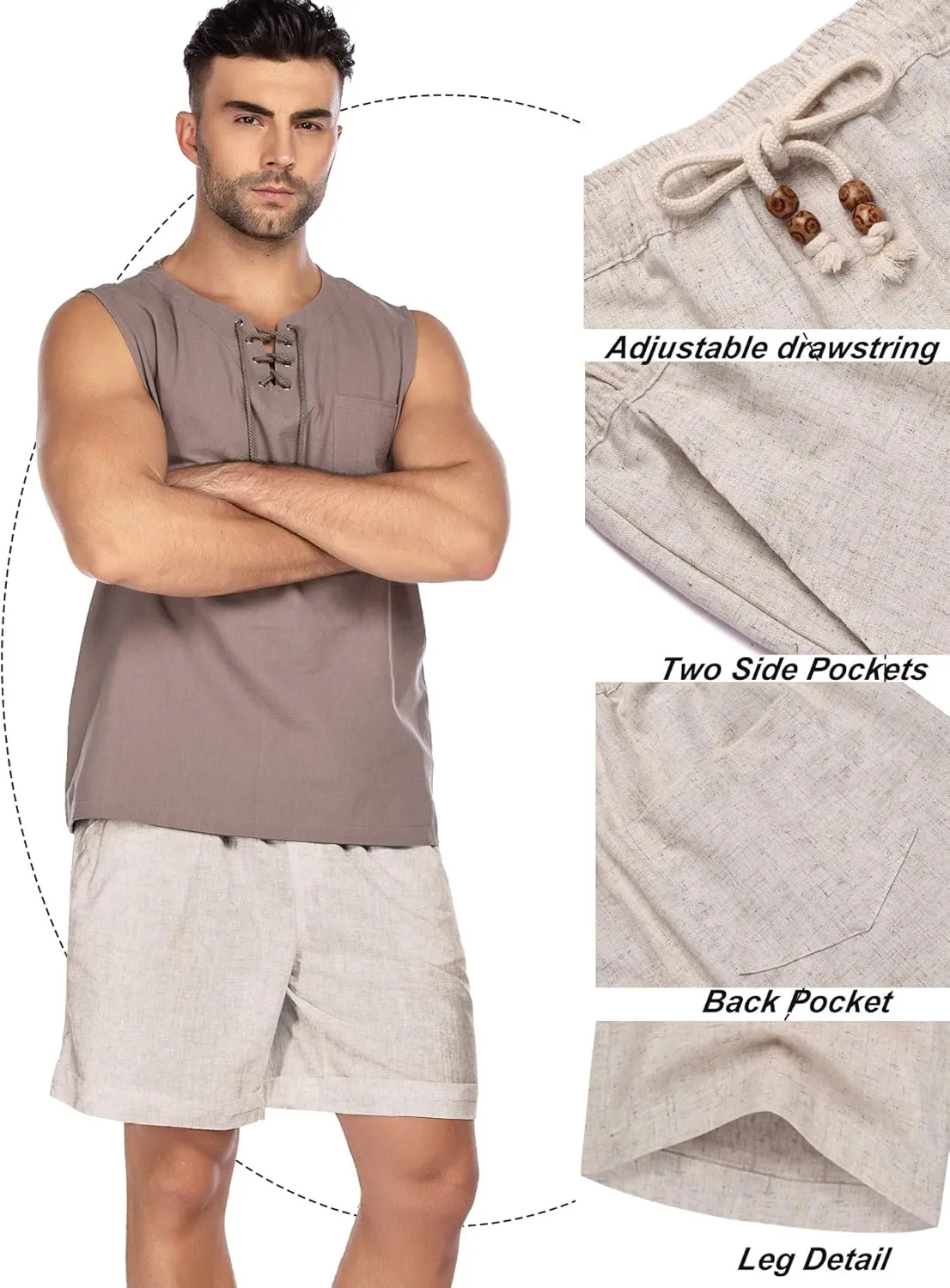 COOFANDY Men's Linen Shorts Casual Elastic Waist Drawstring Summer Beach Shorts