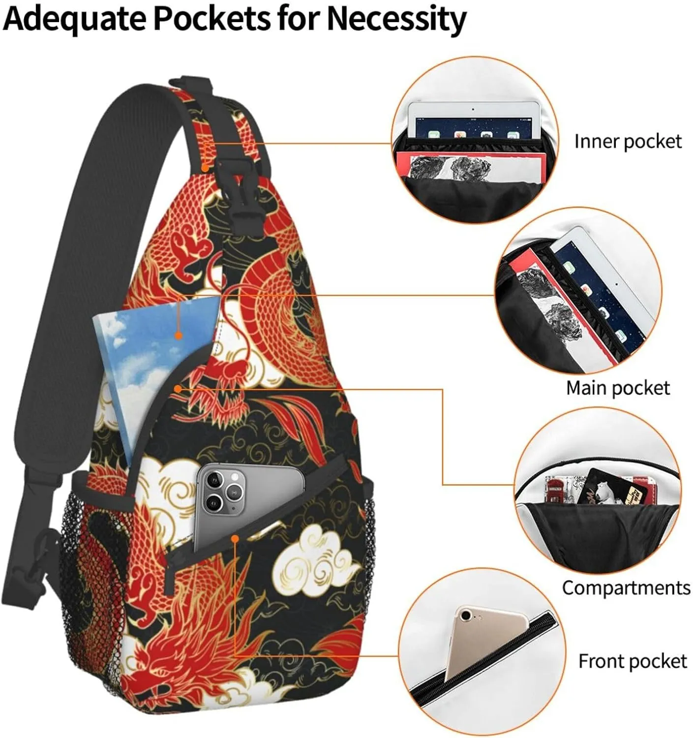 Cool Dragon Crossbody Bags for Women Men Red Dragon Sling Bag Backpack Casual Chest Bag with Adjustable Shoulder Strap