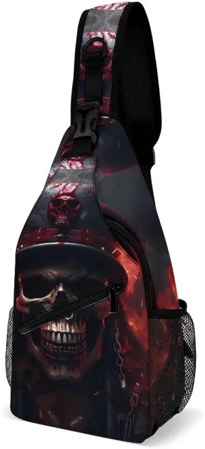 Cool Flaming Skull Crossbody Sling Bag for Men Women Lightweight Chest Bag Sling Backpack for Hiking Travel
