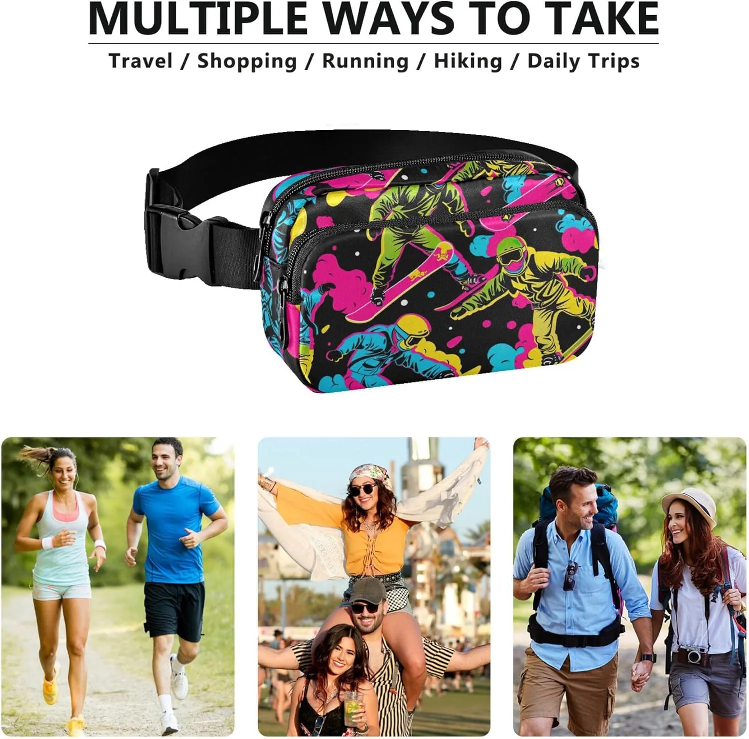 Cool Neon Skater Print Fanny Packs Women Hip Bag Belt Pouch Waterproof Neon Crossbody Waist Bag