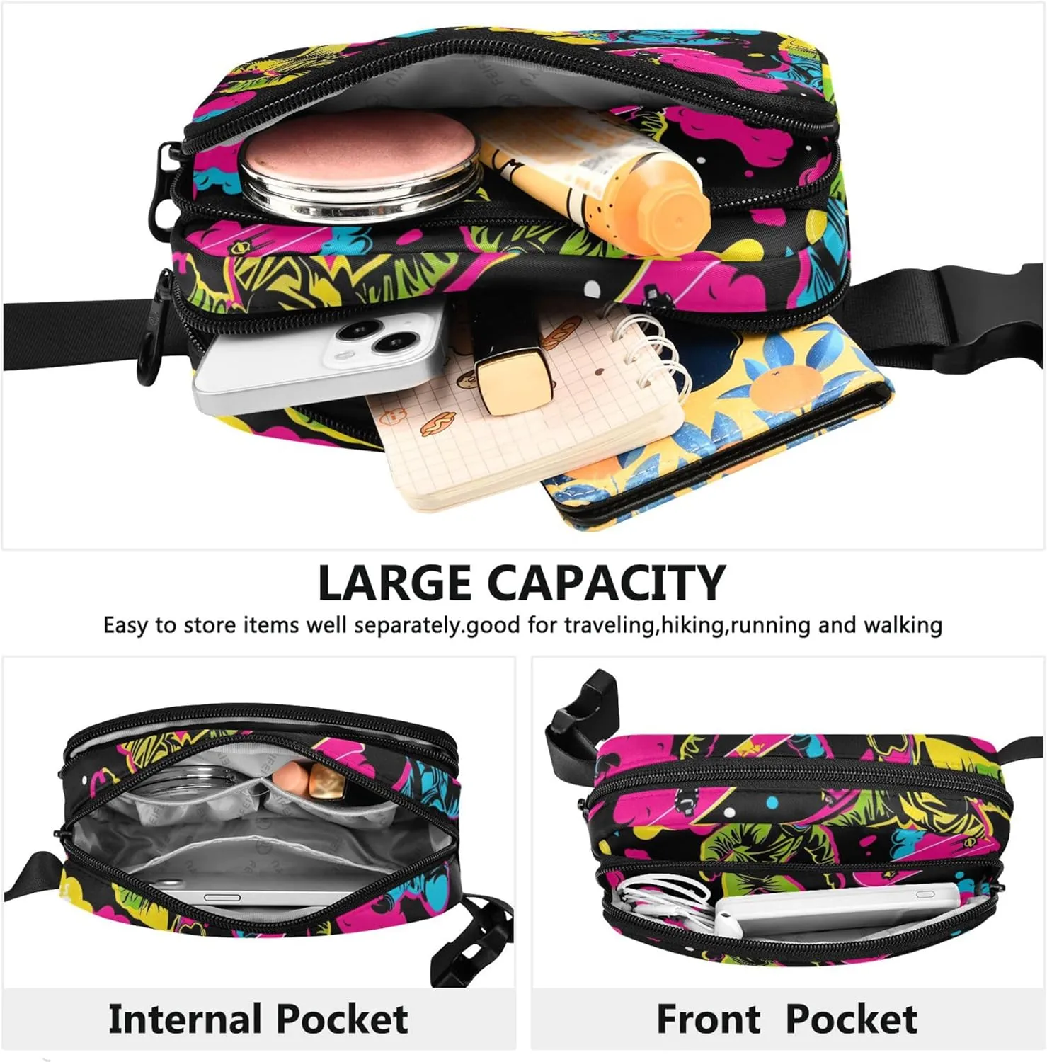 Cool Neon Skater Print Fanny Packs Women Hip Bag Belt Pouch Waterproof Neon Crossbody Waist Bag