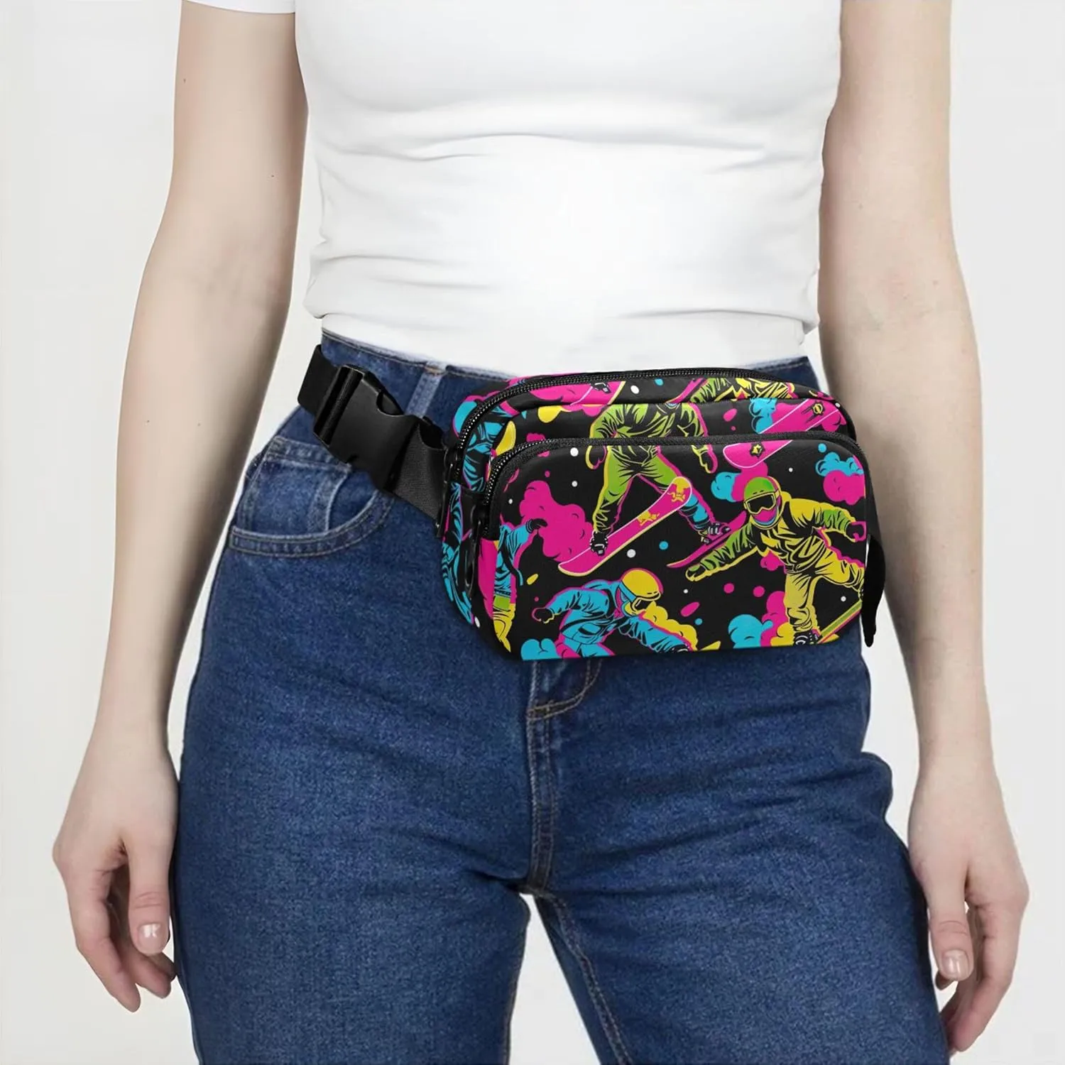 Cool Neon Skater Print Fanny Packs Women Hip Bag Belt Pouch Waterproof Neon Crossbody Waist Bag