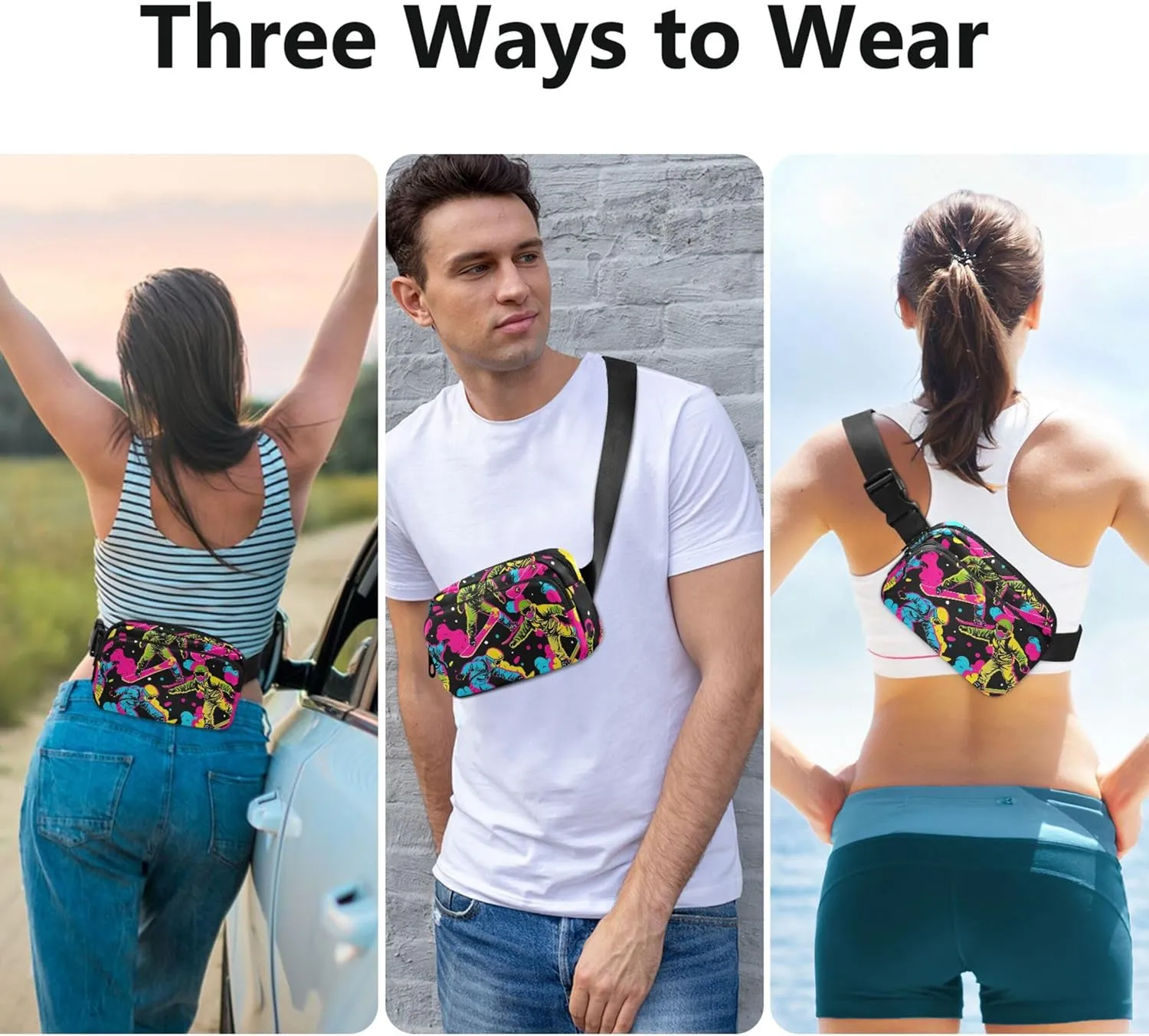 Cool Neon Skater Print Fanny Packs Women Hip Bag Belt Pouch Waterproof Neon Crossbody Waist Bag