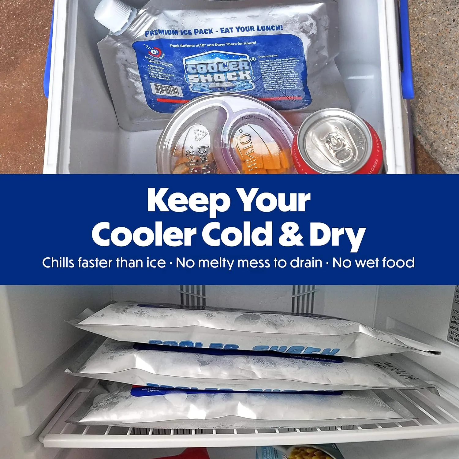 Cooler Shock Reusable Ice Packs for Cooler - Long Lasting Cold Freezer Packs for Coolers and Lunch Boxes - Cooler Ice Packs for Camping Gear, Fishing, Road Trips, Beach Must Haves