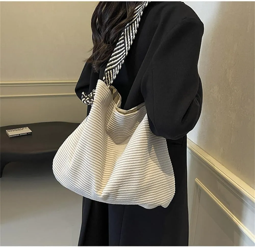 Corduroy Slouchy Hobo Bags for Women Large Corduroy Tote Bag with Wide Strap Casual Work Travel Shoulder Handbag