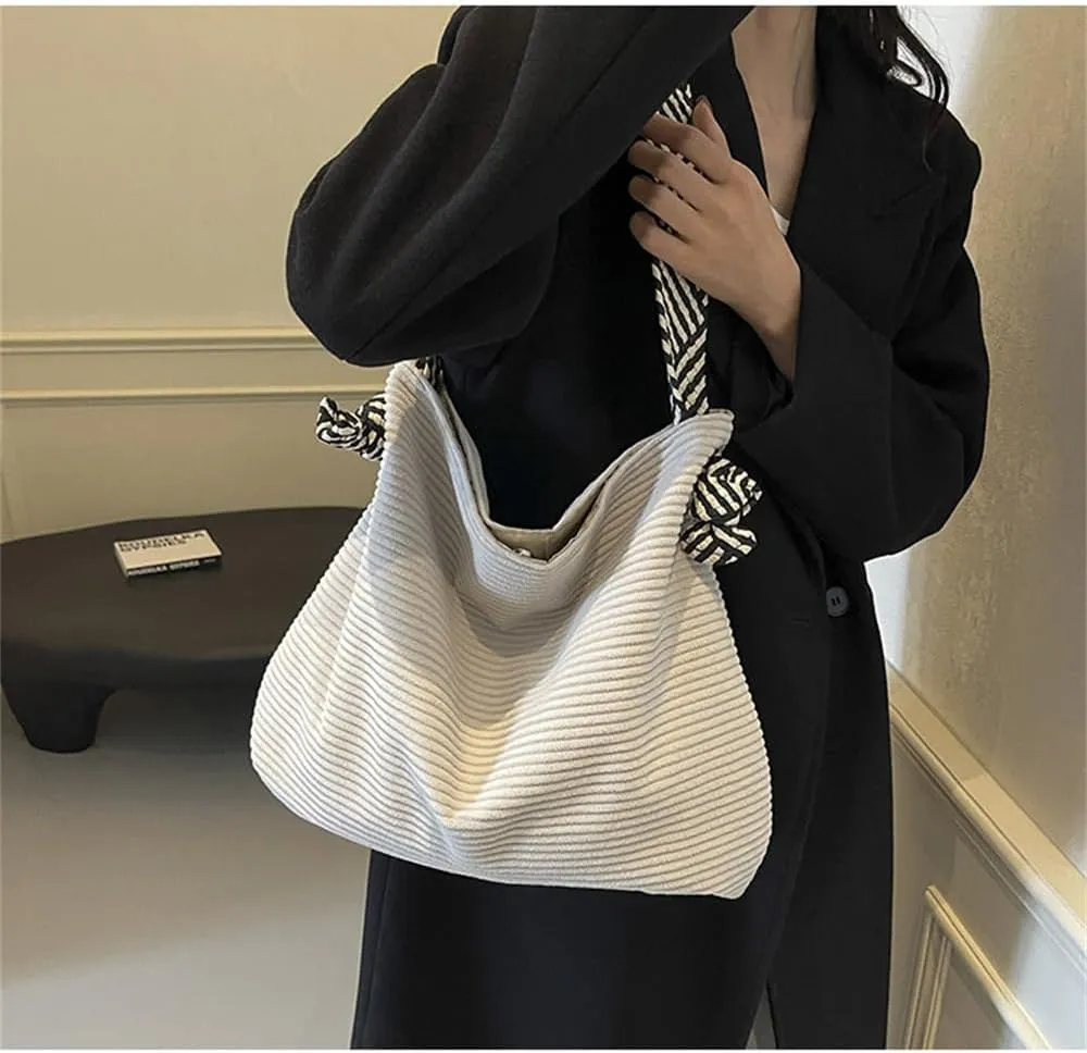 Corduroy Slouchy Hobo Bags for Women Large Corduroy Tote Bag with Wide Strap Casual Work Travel Shoulder Handbag