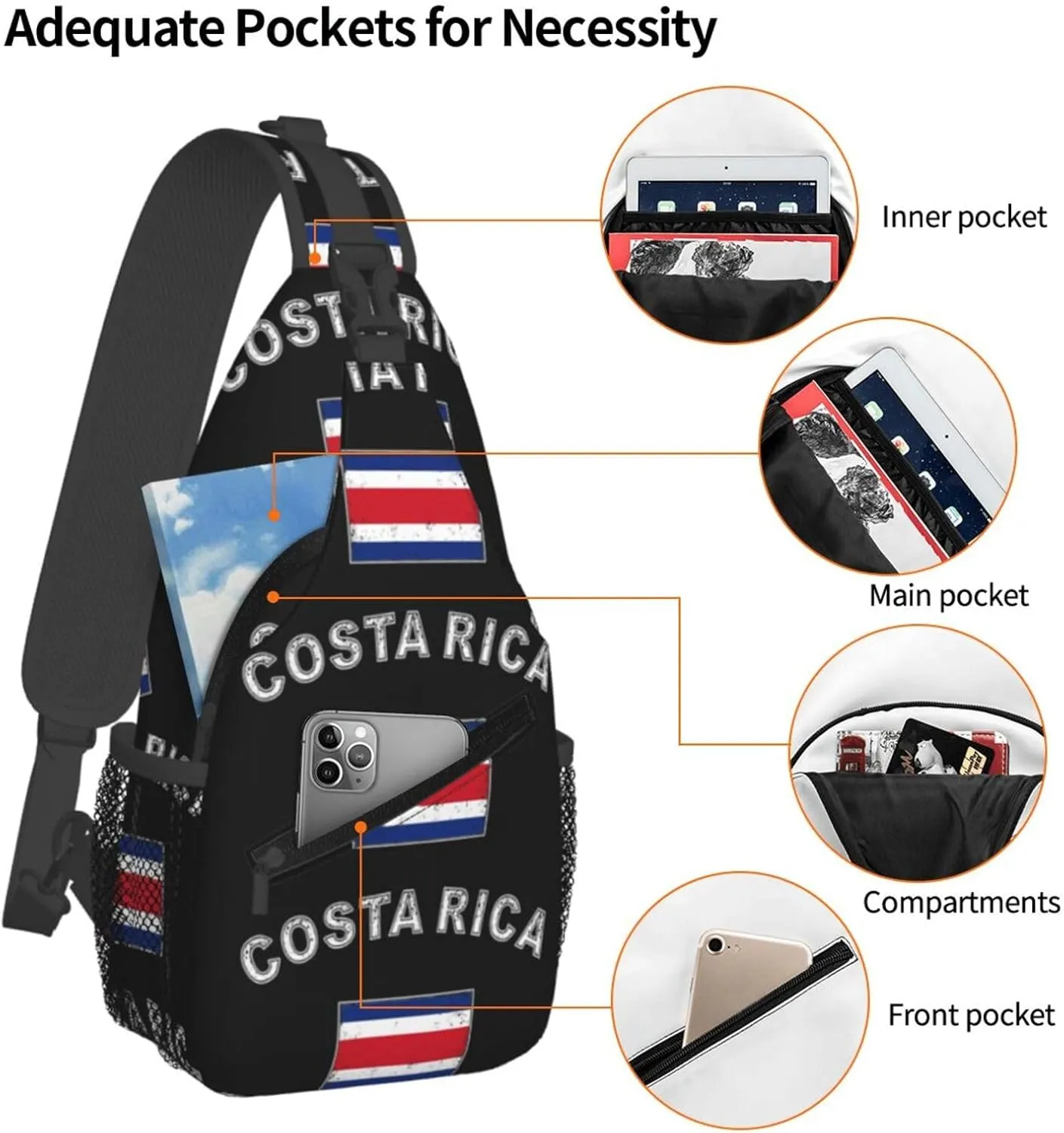 Costa Rica Flag Latin America Crossbody Bag Cross Chest Bag Adjustable Sling Backpack Sports Gym Shoulder Bags Travel Cycling Daypack Diagonally Casual Rucksack
