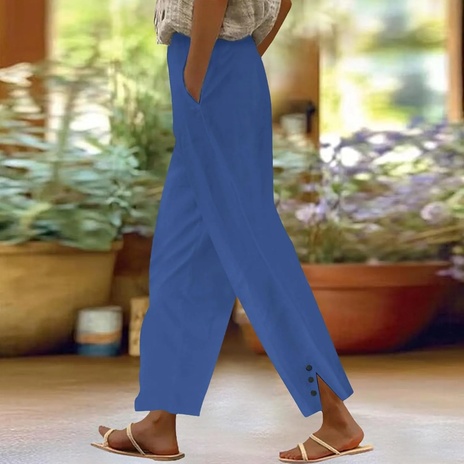 Cotton Linen Pants Women Elastic High Waist Straight Leg Lounge Pants Casual Slacks Summer Trouser with Pockets