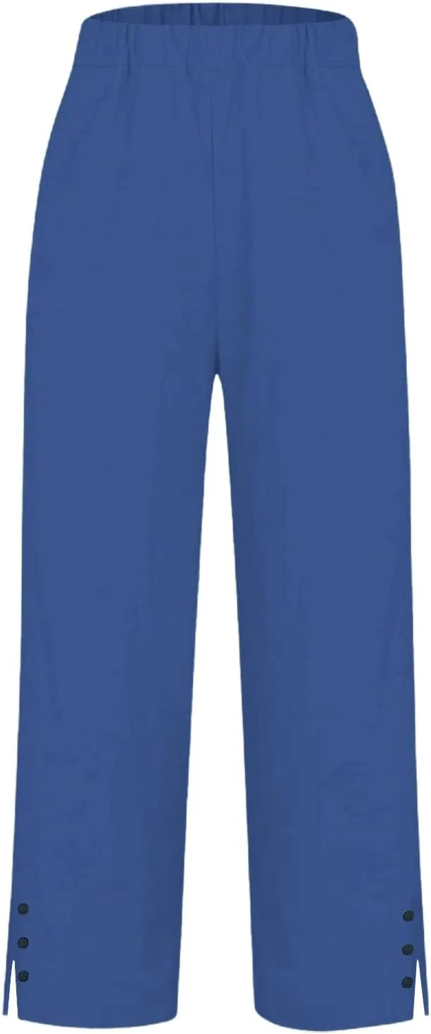 Cotton Linen Pants Women Elastic High Waist Straight Leg Lounge Pants Casual Slacks Summer Trouser with Pockets