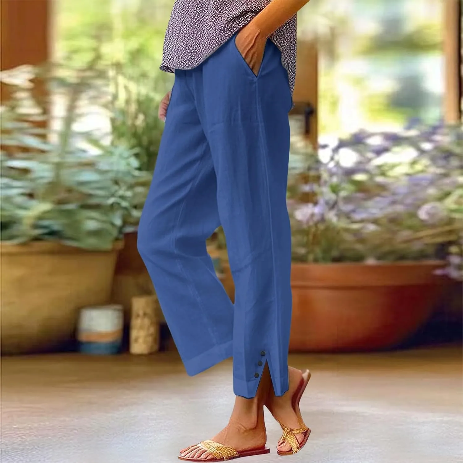 Cotton Linen Pants Women Elastic High Waist Straight Leg Lounge Pants Casual Slacks Summer Trouser with Pockets