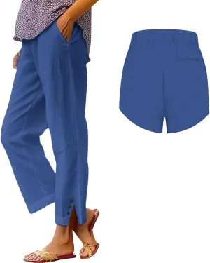 Cotton Linen Pants Women Elastic High Waist Straight Leg Lounge Pants Casual Slacks Summer Trouser with Pockets