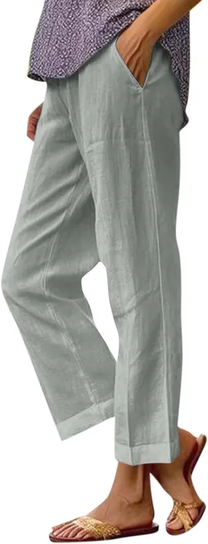 Cotton Linen Pants Women Summer Elastic Straight Leg Pants Plus Size Wide Leg Crop Pants Beach Trousers with Pockets