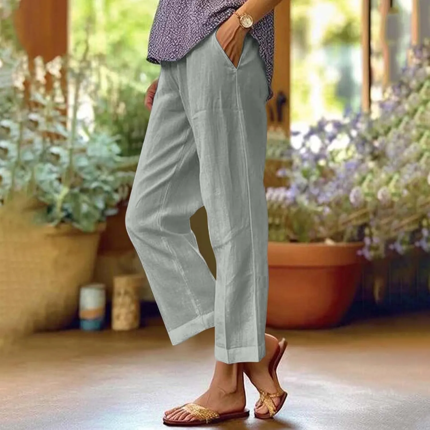 Cotton Linen Pants Women Summer Elastic Straight Leg Pants Plus Size Wide Leg Crop Pants Beach Trousers with Pockets