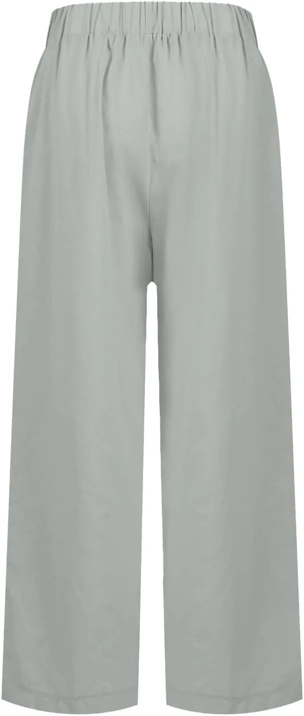 Cotton Linen Pants Women Summer Elastic Straight Leg Pants Plus Size Wide Leg Crop Pants Beach Trousers with Pockets
