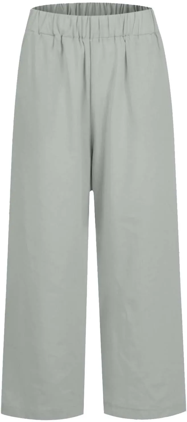 Cotton Linen Pants Women Summer Elastic Straight Leg Pants Plus Size Wide Leg Crop Pants Beach Trousers with Pockets