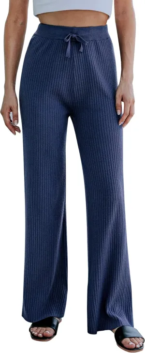 Cowasto Women's Casual Ribbed Knit Pants Elastic Waist Tie Front Wide Leg Sweater Pants