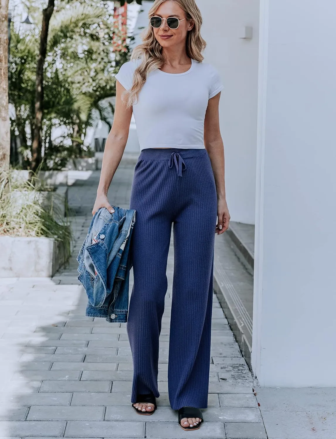 Cowasto Women's Casual Ribbed Knit Pants Elastic Waist Tie Front Wide Leg Sweater Pants