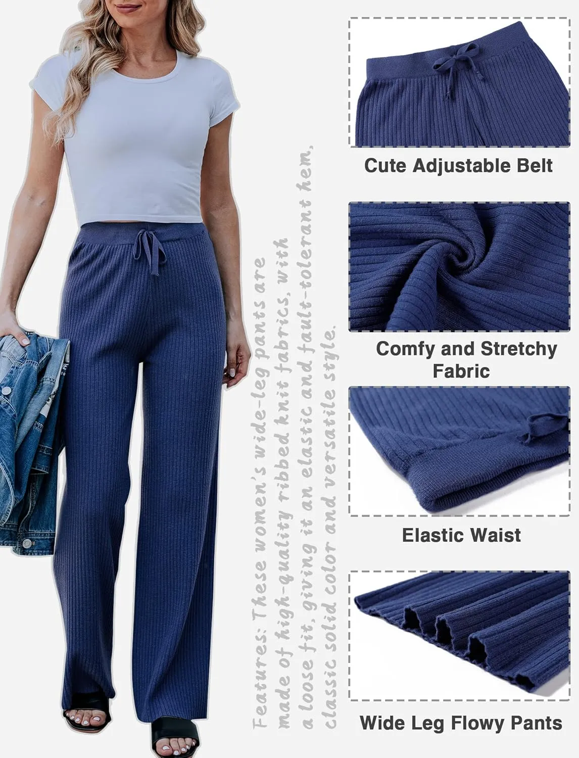 Cowasto Women's Casual Ribbed Knit Pants Elastic Waist Tie Front Wide Leg Sweater Pants
