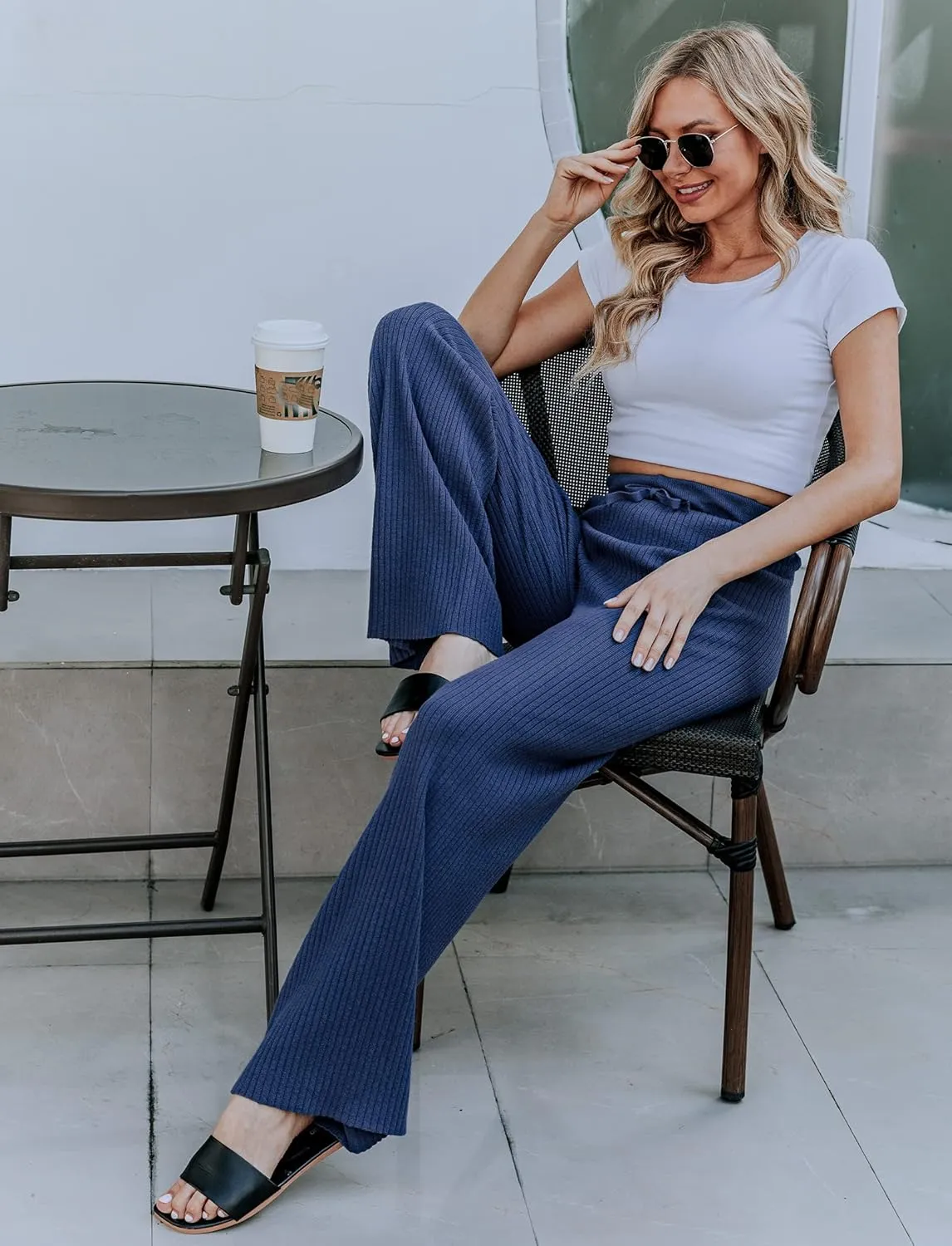 Cowasto Women's Casual Ribbed Knit Pants Elastic Waist Tie Front Wide Leg Sweater Pants