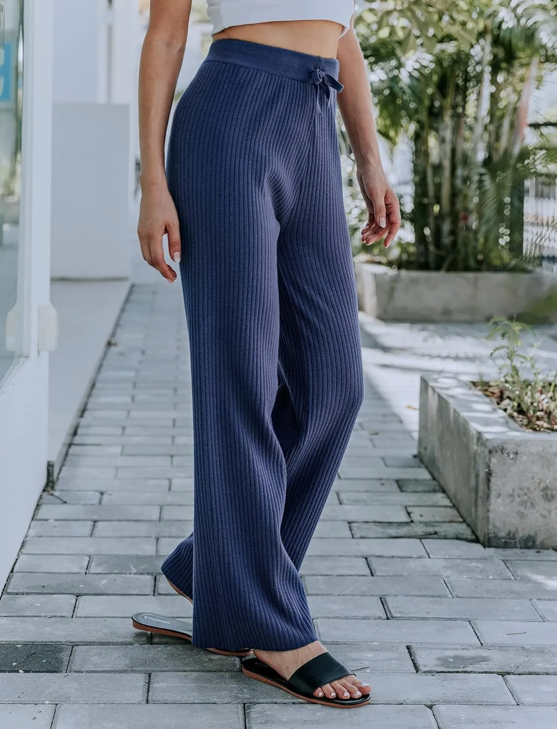 Cowasto Women's Casual Ribbed Knit Pants Elastic Waist Tie Front Wide Leg Sweater Pants