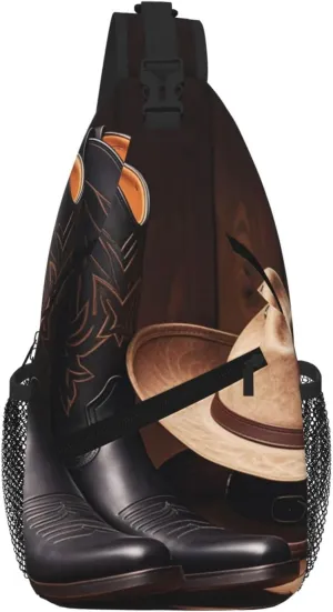 Cowboy Black Hat Western Boots Sling Bag For Women Men Travel Hiking Backpack Crossbody Shoulder Chest Bags Casual Daypack