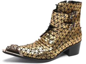 Cowboy Boots for Men Casual Dress Mid Top Boots Metal-Tip Toe Genuine Leather Double Buckles Beads Western Boots Fashion Bar Singer Party Prom Wedding Tuxedo Chelsea Boots for Men