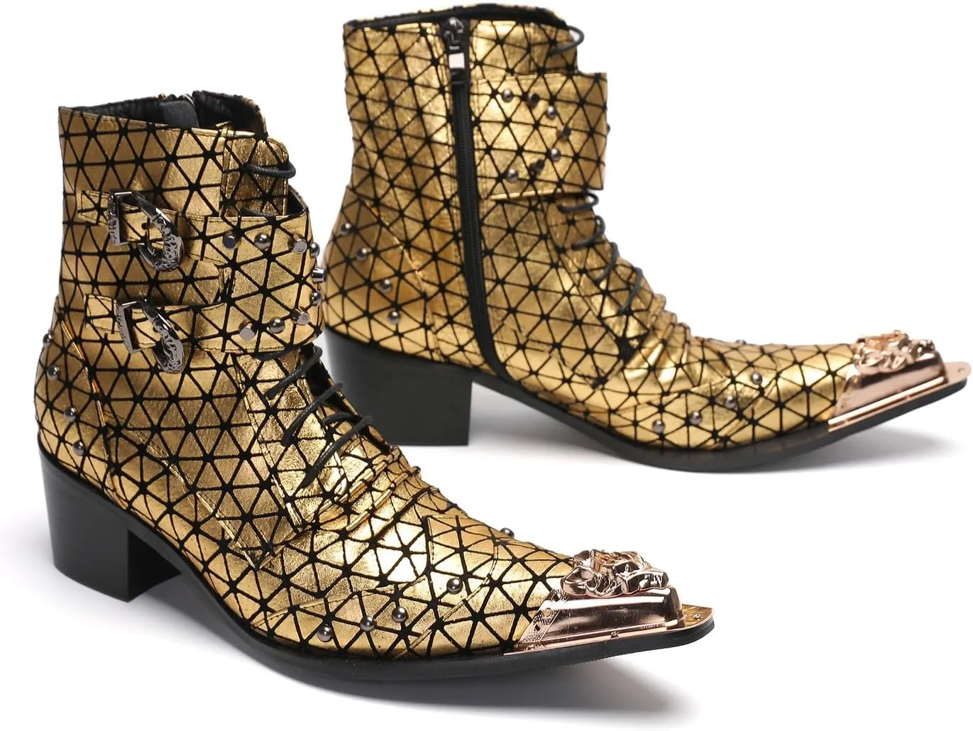 Cowboy Boots for Men Casual Dress Mid Top Boots Metal-Tip Toe Genuine Leather Double Buckles Beads Western Boots Fashion Bar Singer Party Prom Wedding Tuxedo Chelsea Boots for Men