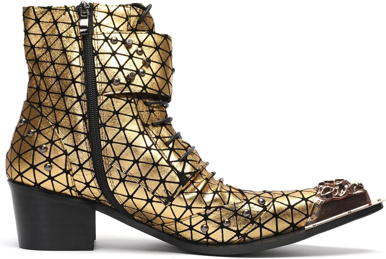 Cowboy Boots for Men Casual Dress Mid Top Boots Metal-Tip Toe Genuine Leather Double Buckles Beads Western Boots Fashion Bar Singer Party Prom Wedding Tuxedo Chelsea Boots for Men